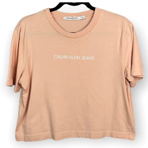 CALVIN KLEIN Crop T-Shirt Peach Pink Graphic Logo Short Sleeve Crew Baddie L - Picture 2 of 11